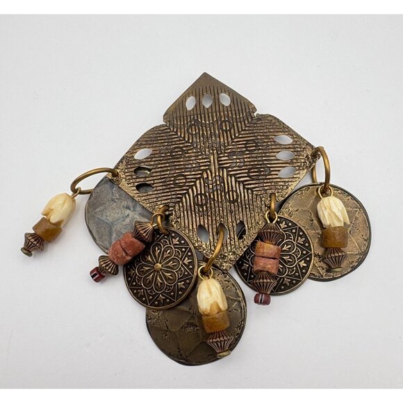 Vintage M Baer Acc SF Brass Artisan Brooch Dangling Beads & Discs Statement Pin - Picture 4 of 6
